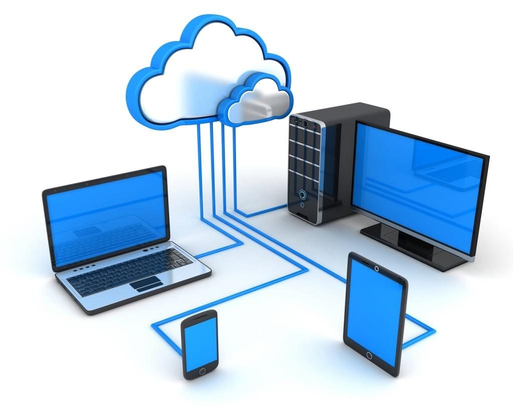 illustrative image of different connected devices to the cloud (pc, laptop, tablette, phone)
