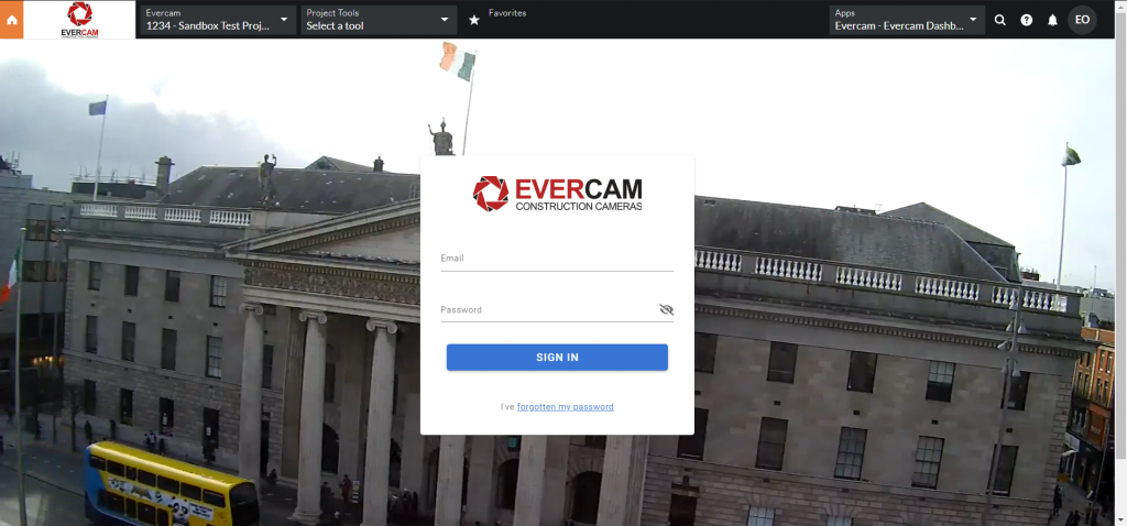 This image shows the Evercam COnstruction cameras login for the dashboard on Procore.