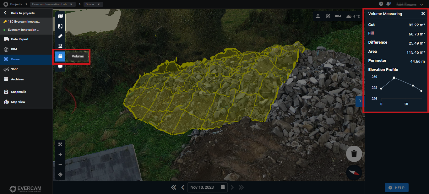 Evercam volumetric tool measures stock pile on job site